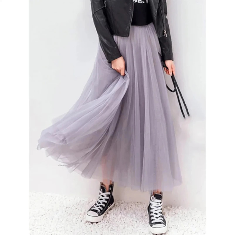 Vintage Tulle Skirt Women Streetwear Elastic High Waist Mesh Pleated Skirts Summer Elegant Korean A Line Office Ladies Skirt 250313