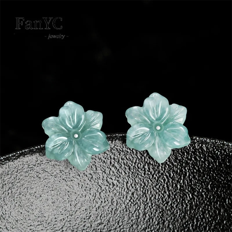 Natural Jadeite Blue Water Orchid Earrings S925 Silver Inlaid Hand-carved Exquisite Ancient Style Jade Petal Earrings Lady Gift 241213