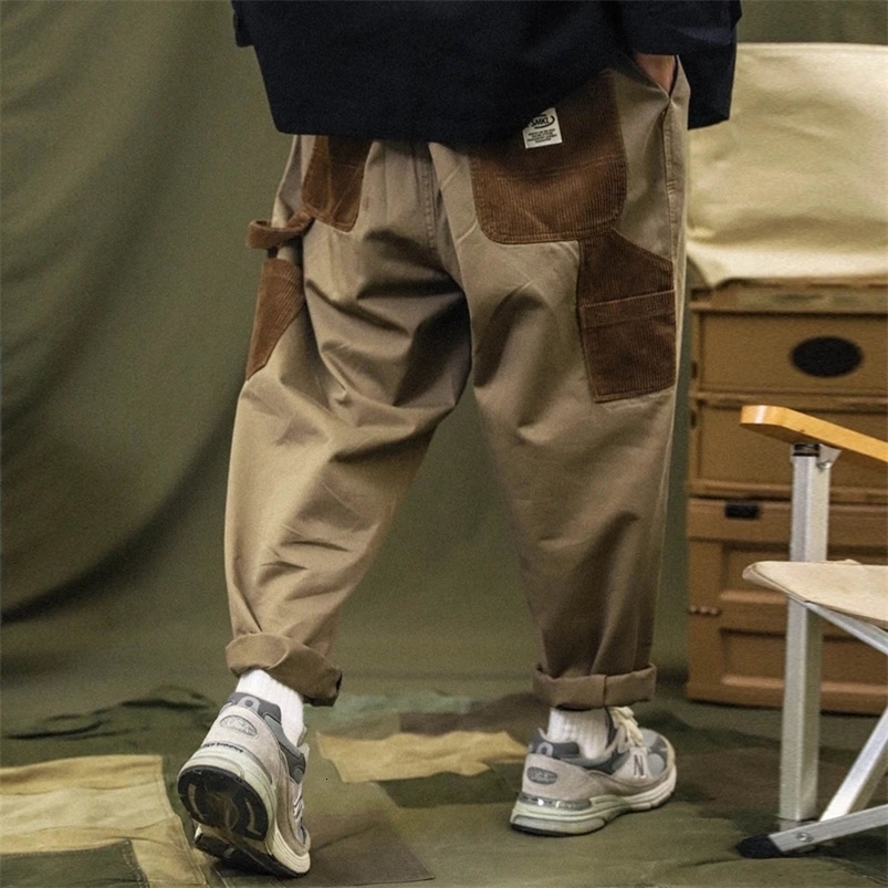 TDFR Patchwork Cargo Pants Men Corduroy Contrast Stitch Trousers Mens Streetwear Loose Casual Pants 240708