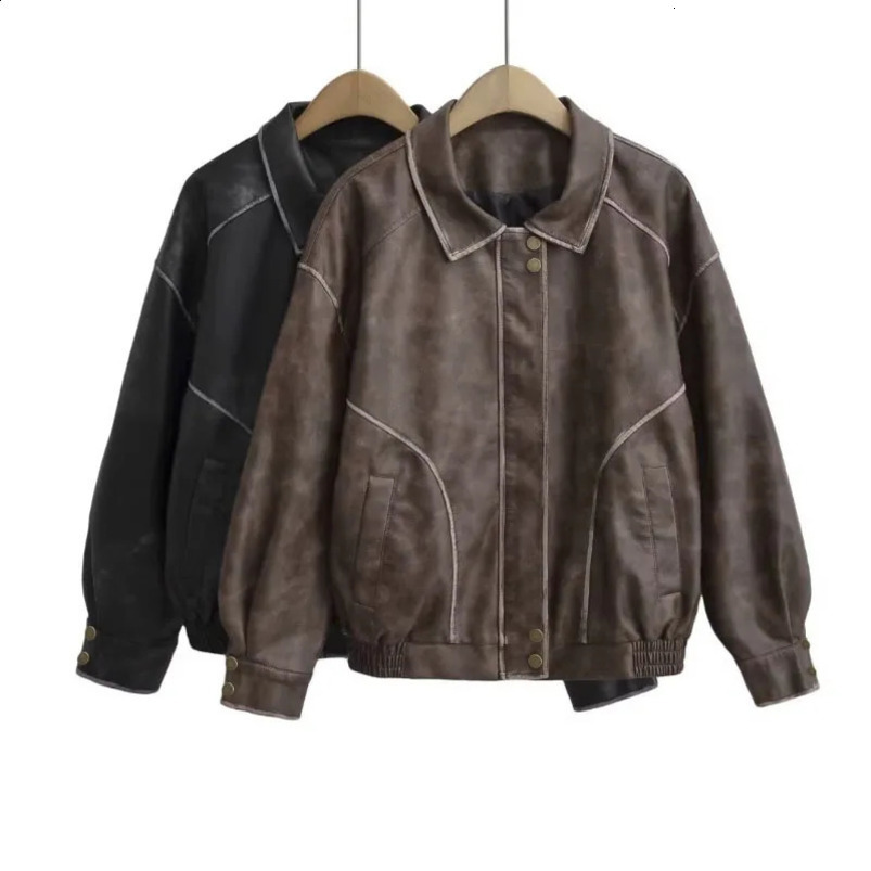 Retro leather short jacket womens retro streetwear bicycle style loose boyfriend jacket womens Korean jacket 241021
