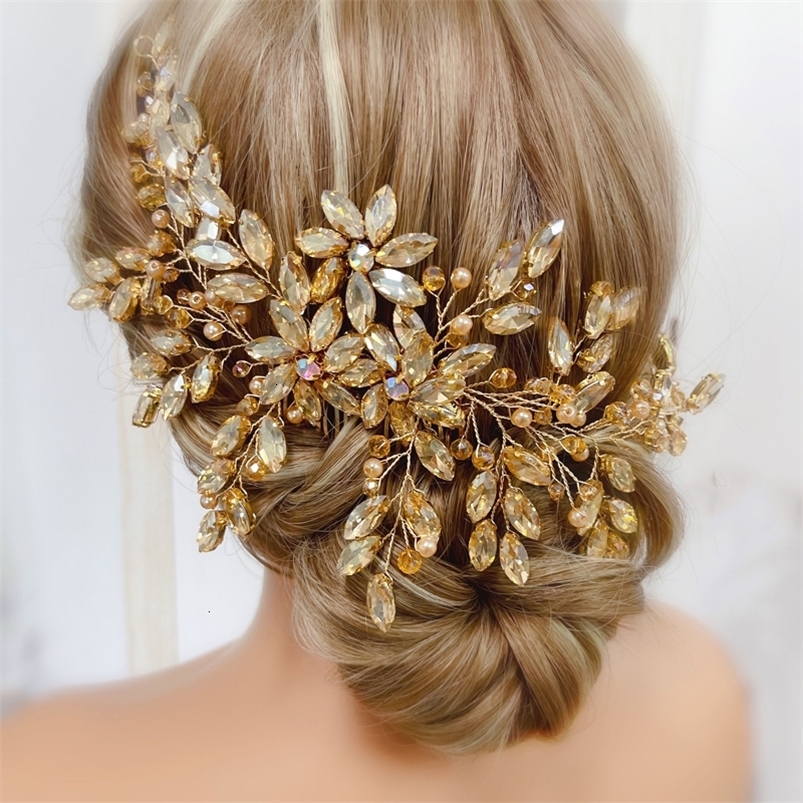 Stingy Brim Hats Bride Women Large Crystal Wedding Hair Comb Champagne Bridal Side Comb Full Hair Accessorie for Women and Girls 230506