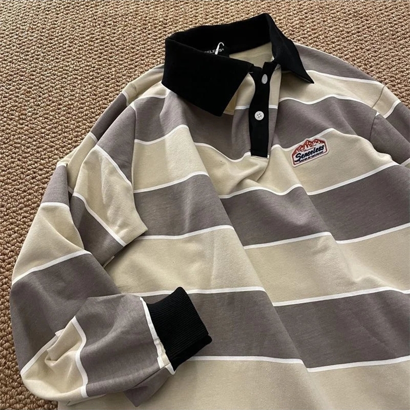 Japanese retro striped long sleeved polo shirt mens loose trend couple BF lapel sweater preparatory hip-hop cool shirt 250410