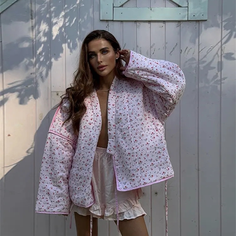 Women Autumn Winter Fashion Flower Printed Loose Lace Up Cotton Coat Elegant V Neck Long Sleeves Short Jacket Chic Lady Outwear 240729