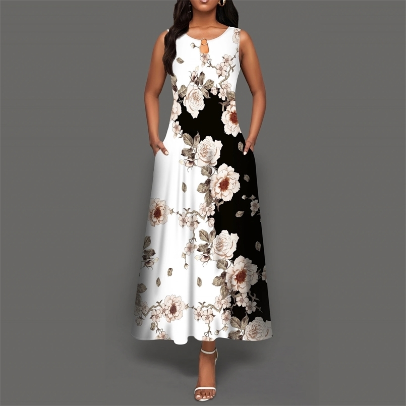 Flower Print Casual Sleeveless Long Dress Womens V-Neck Printed Dress Swing Bohemian Retro Dresses 250322