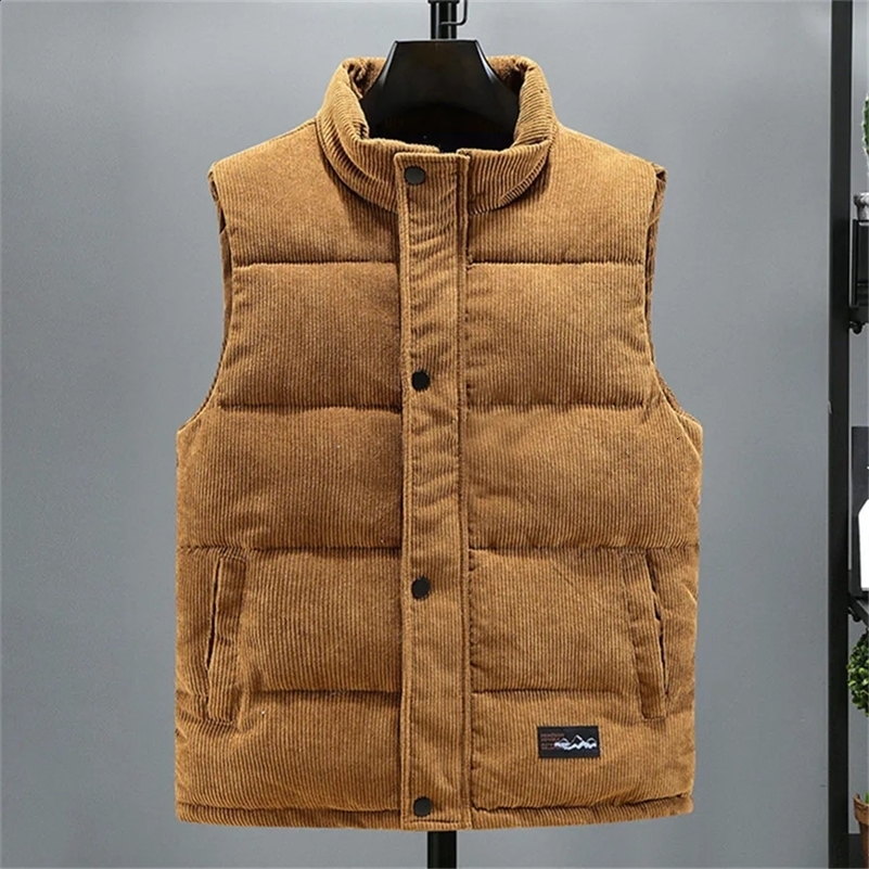 2024 Vest Jacket Mens Autumn Winter Warm Sleeveless Coat Stand Collar Padded Waistcoat Corduroy Work Wear Male Clothes 5XL 241120