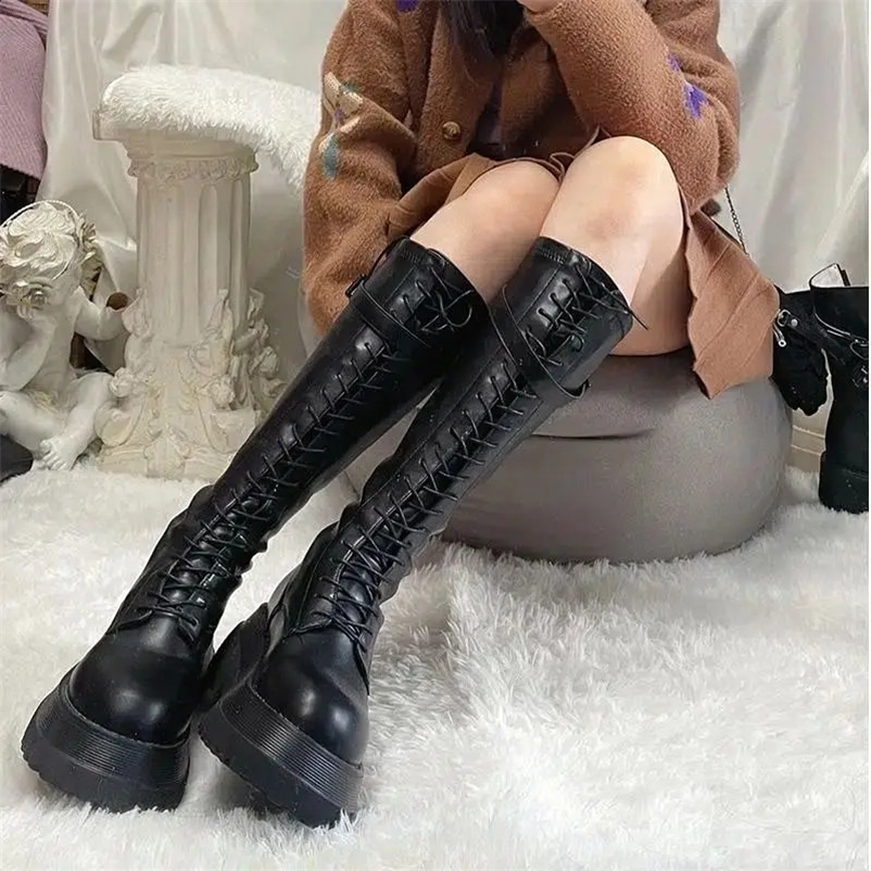 Womens shoelace platform womens boots with lace white long knees high shaft selling fashionable gothic 240926bj
