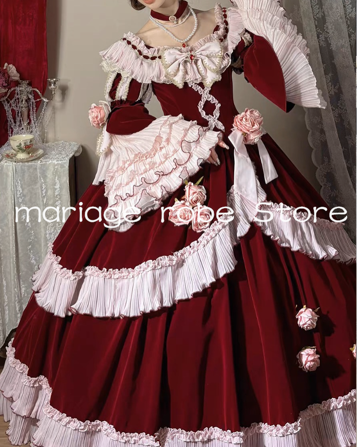 Pink Burgundy Velvet Victorian Prom Dresses Off Shoulder Long Sleeve Lolita Rococ Lace-up Evening Gown Cosplay Customsized