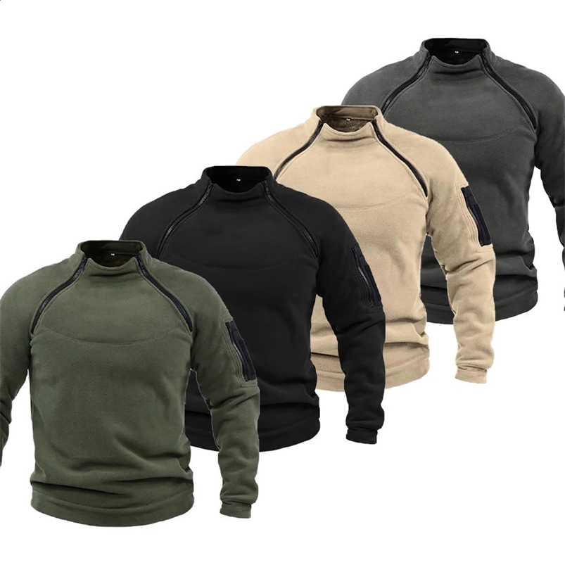 Mens Fleece Windproof Jacket Solid Color Tactical Outdoor Pullover Loose Casual Standing Collar Sweatshirt Thick Sportwear Tops 240816