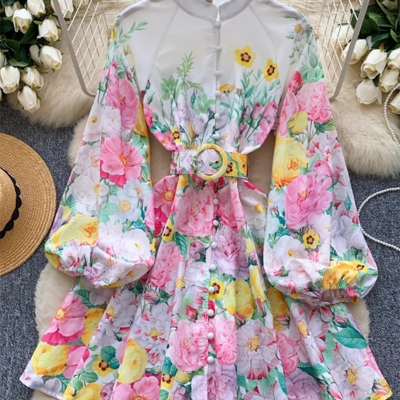 Elegant Flower Short Dresses Shirt Women Spring Summer Long Sleeve Vintage Mini Party Vestidos Office Lady Belt single breasted 250322