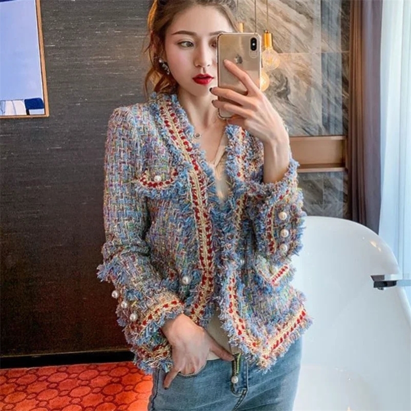 Chic Women Plaids Fringed Jacket Tweed Pearls Buckles Tweed Blazers Gold Silk Retro Checked Coat Spring Fall Cardigan Crop Tops 240821