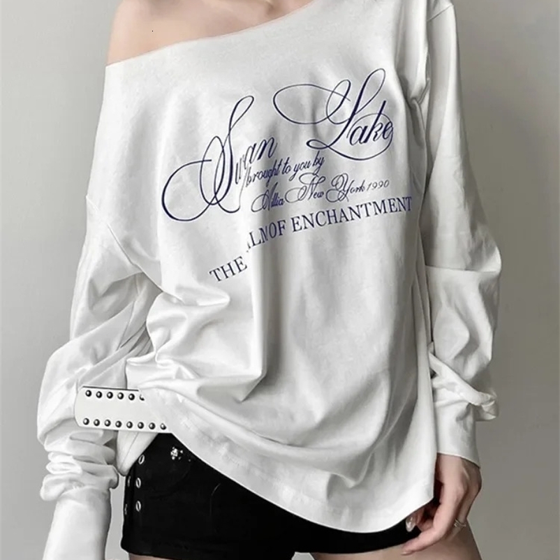 Y2k Aesthetic Casual Off Shoulder T-shirt Loose Letter Printing Harajuku Tshirts Grunge Vintage Streetwear Oversized Tee Shirts250411bj
