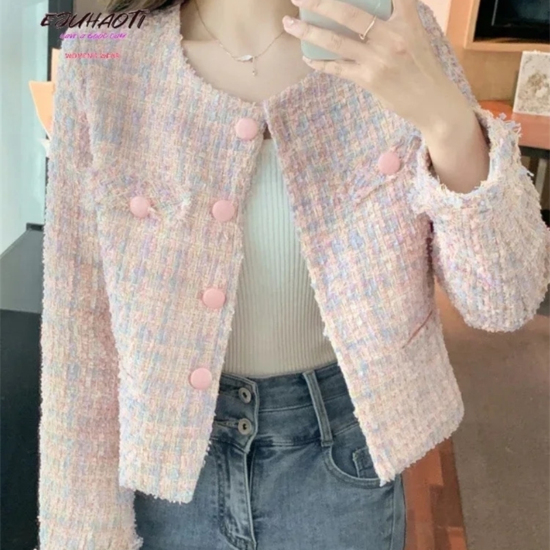 Womens Jacket Spring in Pink Tweed Small Fragrance Coat Short Korean Fashion Advanced Sense Temperament Grace Tops 240821