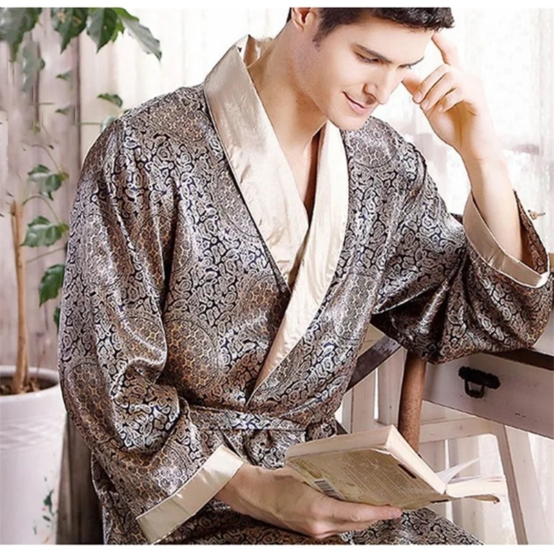 Mens Robe Nightgown Satin Kimono Bathrobe Gown Casual Sleepwear Plus Size Print Gold Home Dressing Gown 3XL 4XL 5XL250403bj