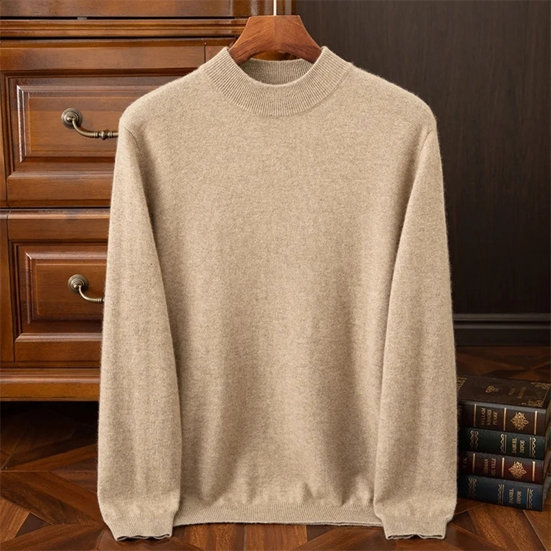 {100% Cashmere} Mens Cashmere Selling Half High Collar Casual Solid Color Knitted Sweater for Men 240914