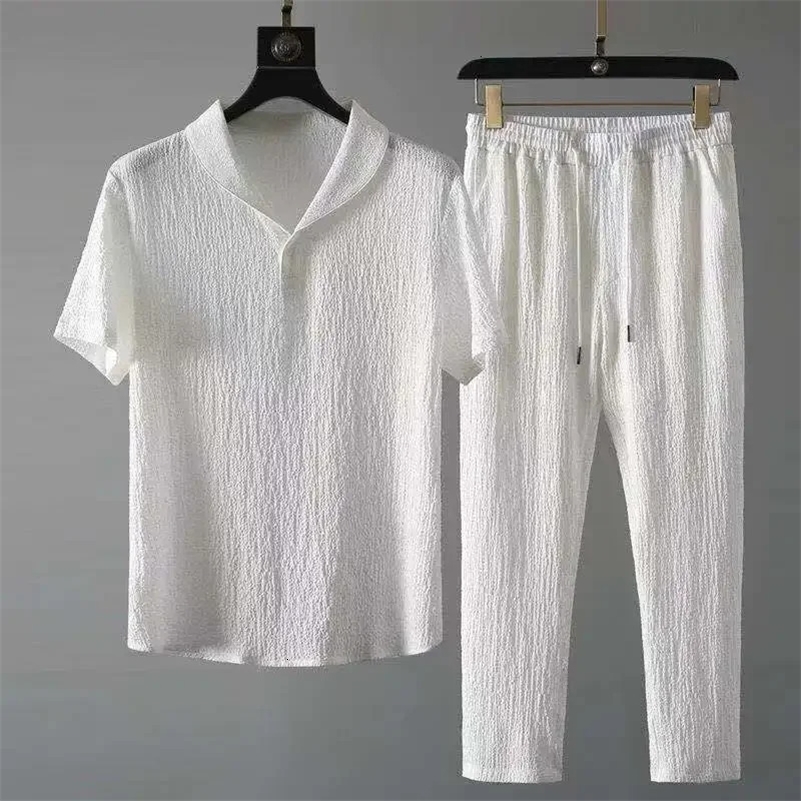 Summer Fashionable Trendy Mens Cotton Linen 2-Piece Set Casual Sports Suit Shawl Collar White Short Sleeve T-Shirt 250418