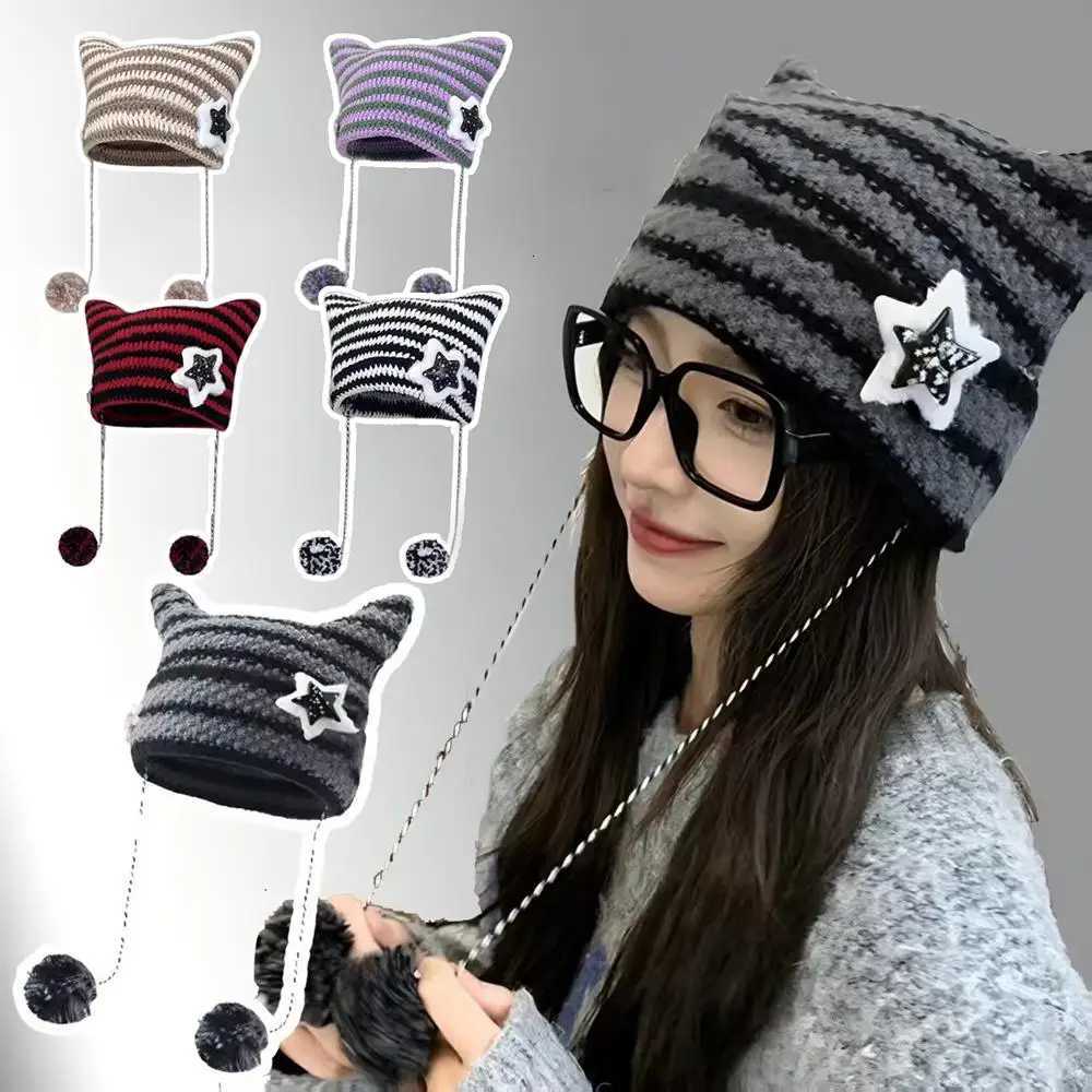 Cute stripe Cat Ears Beanie Hats Punk Gothic Y2K Knitted Wool Cap Hot New Style Soft Crochet Winter Cold Resistant CapXJ250923