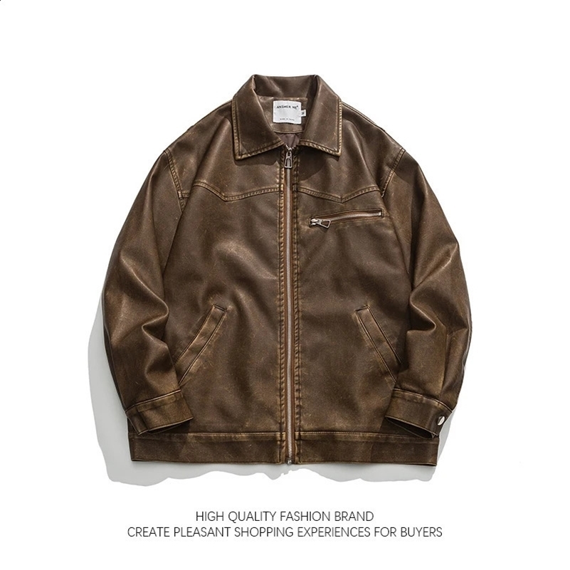 American Vintage Washed Leather Jacket for Mens Autumn Niche High-end Motorcycle Bomber Jacket Women BF Style Cool Lapel Coat 241209