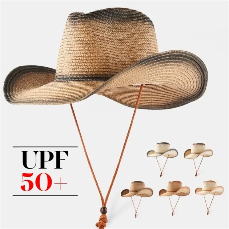 Retro Gradual Change Western Cowboy Hats Womens Mens Summer Travel Big Brim Sunscreen Straw Hat Outdoor Mountaineering Sun Hat 250326