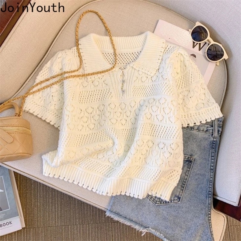 Hollow Out Knitted T Shirts for Women Turndown Collar Short Sleeve Tees Ropa Mujer Casual Fashion Summer Korean Tshirt Tops 250326