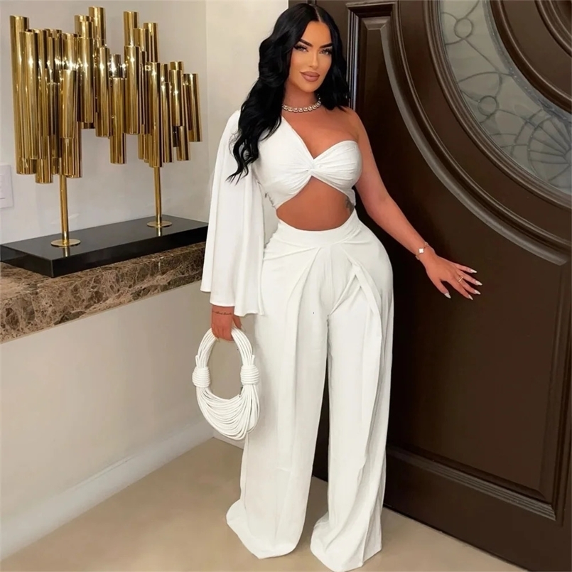 Ladies Sexy Two Piece Pant Set Outfits Matching Set Women Wide Leg Pants One Shoulder Tops 2 Piece Sets Elegant Outfits 250415