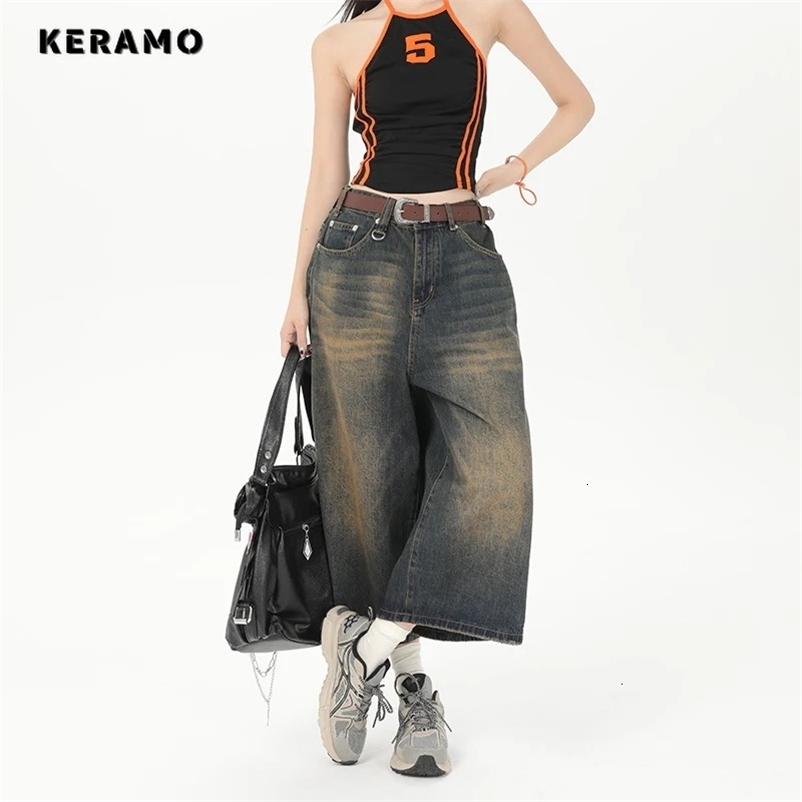 Vintage Streetwear Women Jeans Summer Loose Male Wide Leg Knee Length Shorts Mens Oversize Fashion Denim Trouser Pants Y2K 240806