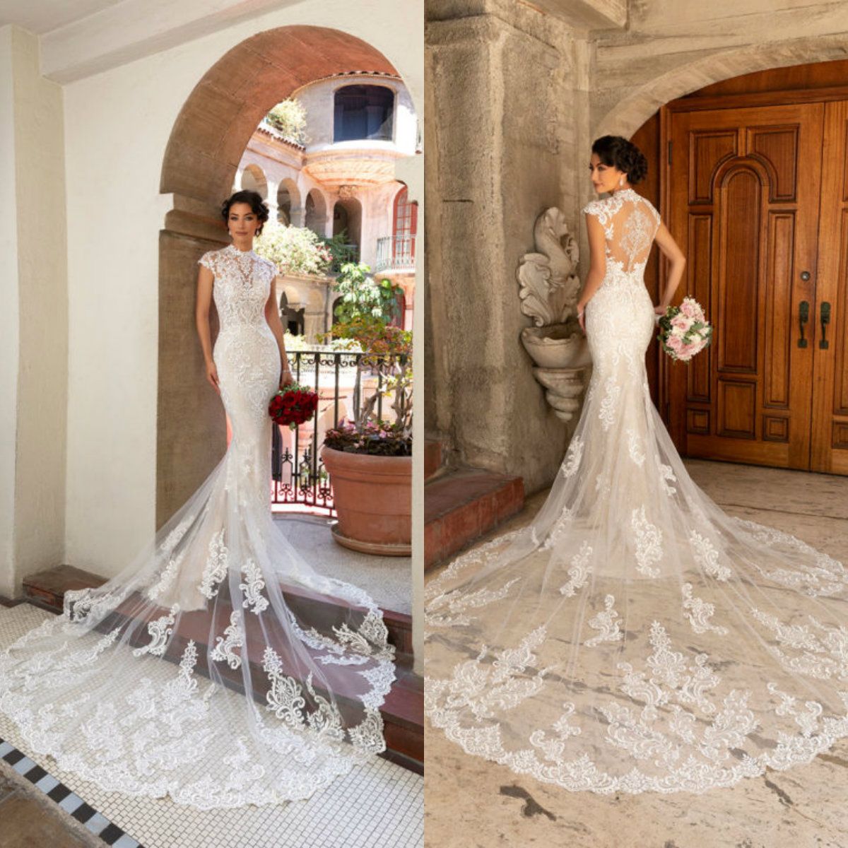 Elegant Mermaid Wedding Dress: Lace Appliqued Bridal Gown with Cap Sleeves, High Neck, and Sweep Train - Exquisite Custom Made Bridal Attire
