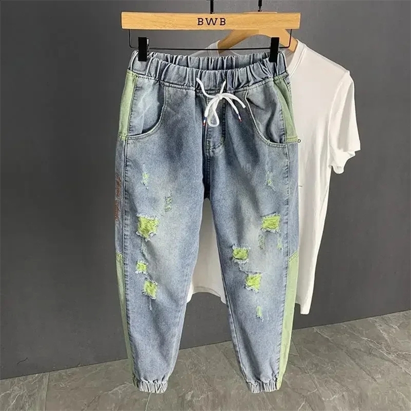 Man Cowboy Pants with Holes Trousers Broken Mens Jeans Torn Ripped Harem Spliced Cropped Korean Style Summer Fashion Original 240819