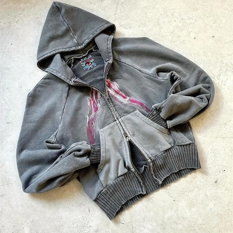 Y2k Goth Sweatshirt Zip Up Hoodie Plus Velvet Harajuku Hip Hop Oversized Pattern Hooded Tops Men and Women Hoodies Streetwear 241227