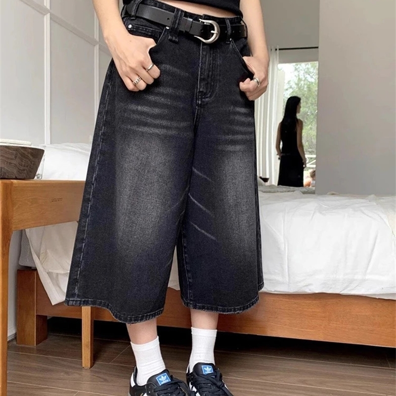 High Waist Black Retro Washed Denim Shorts Womens Harajuku Vintage Fashion Casual Loose Y2K Streetwear Mid Long Wide Leg Pants 250207