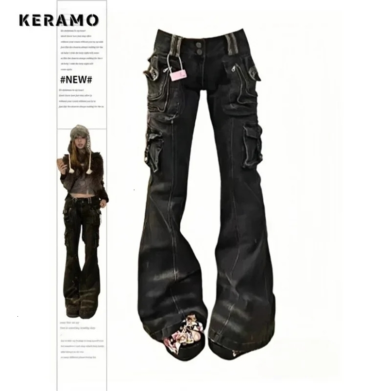 Hight Street Harajuku High Waist Flared Jeans Female Retro Y2K Pants Womens Vintage Style Pockets Slim Fit Denim Trouser 250418