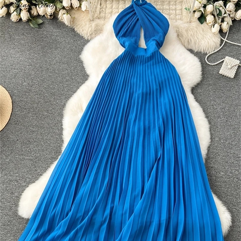 SINGREINY Vacation Halter Pleated Dress Hollow Out Backless Solid Women Sexy Chic Sundress Irregular Long Beach Party Vestidos 250427
