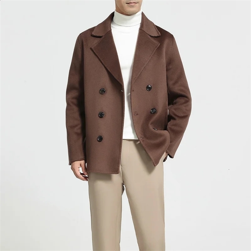 2025 Mens Double-Sided Woolen Short 100% Pure Wool Coat Autumn and Winter Korean Slim Fit Lapel Jacket Warm Coat 241223bj