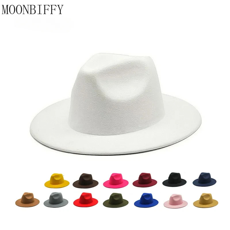 Autumn Winter Womens Felt Hat Fedoras Big Brim Hats for Women British Style Vintage Church Hats Lady Flat Brim White Jazz Cap 250919