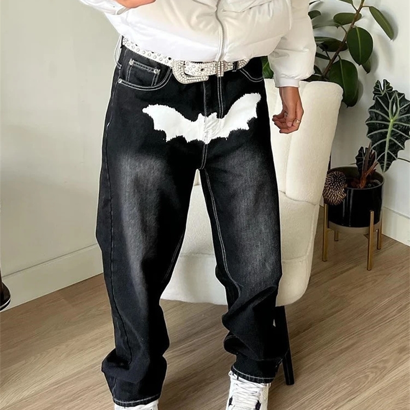 Jeans neri stampati per uomini y2k grafica dipinti pantaloni casuali larghi sciolti pantaloni in denim in cotone dritto 240708