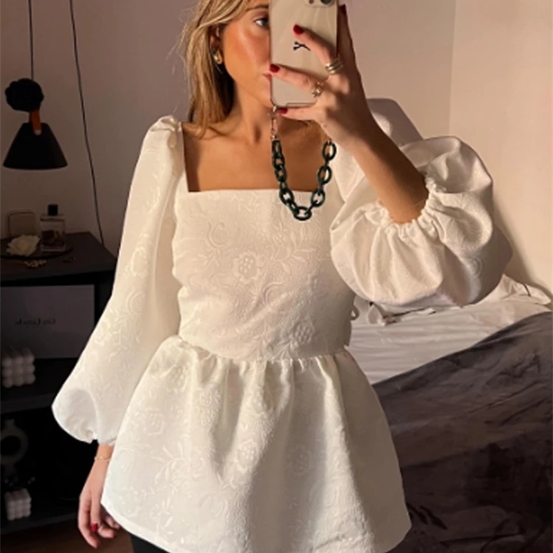Fashion Jacquard Square Neck Shirts Women 2024 Summer Elegant Floral Long Lantern Sleeve Blouse Female Chic Lace Up Lady Tops 250107