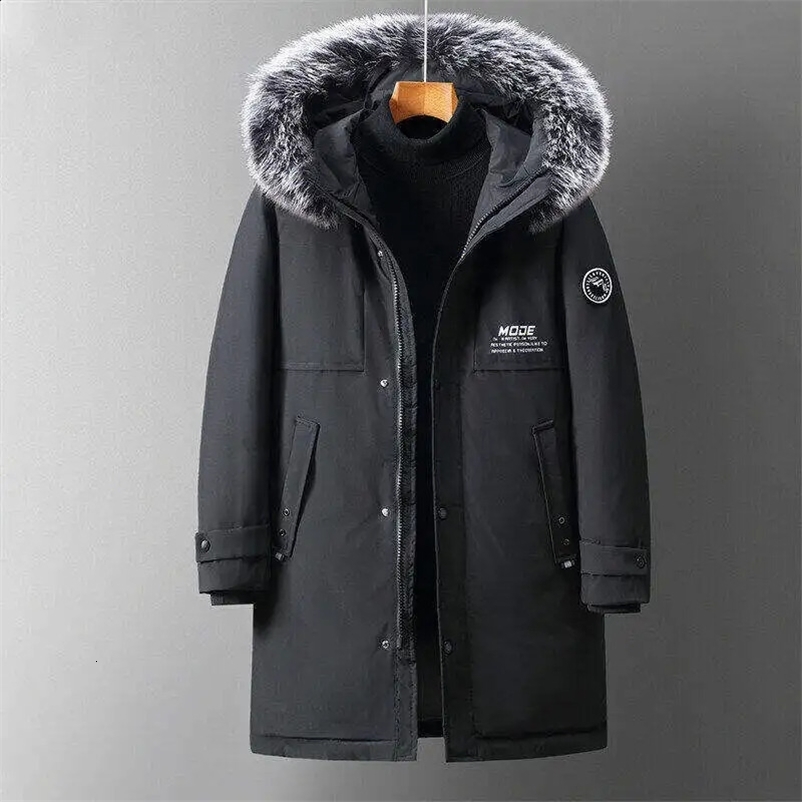 Winter long jacket mens fashionable big fur collar hooded windproof and warm white duck down jacket mens casual skiing suit thick park 241021