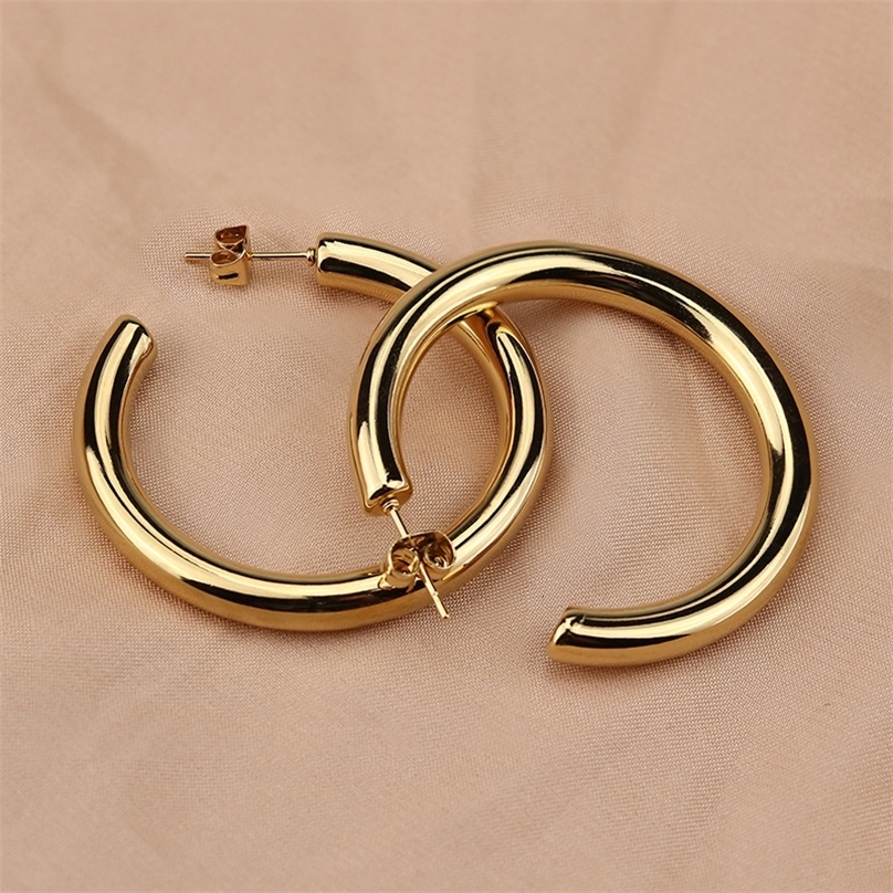 Stud Oversize Gold Plated Hoop Earring Simple Thick Round Circle Stainless Steel Earrings for Women Punk Hiphop Jewelry Brincos 230814