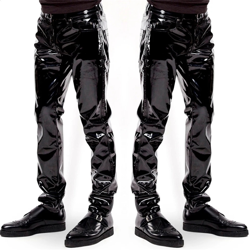 Men Faux Leather PVC Pants Trousers Long Shiny Club Dance Wear Punk Gothic Black Slim Fit Nightclub Party Pants Male Motorcycle 240816