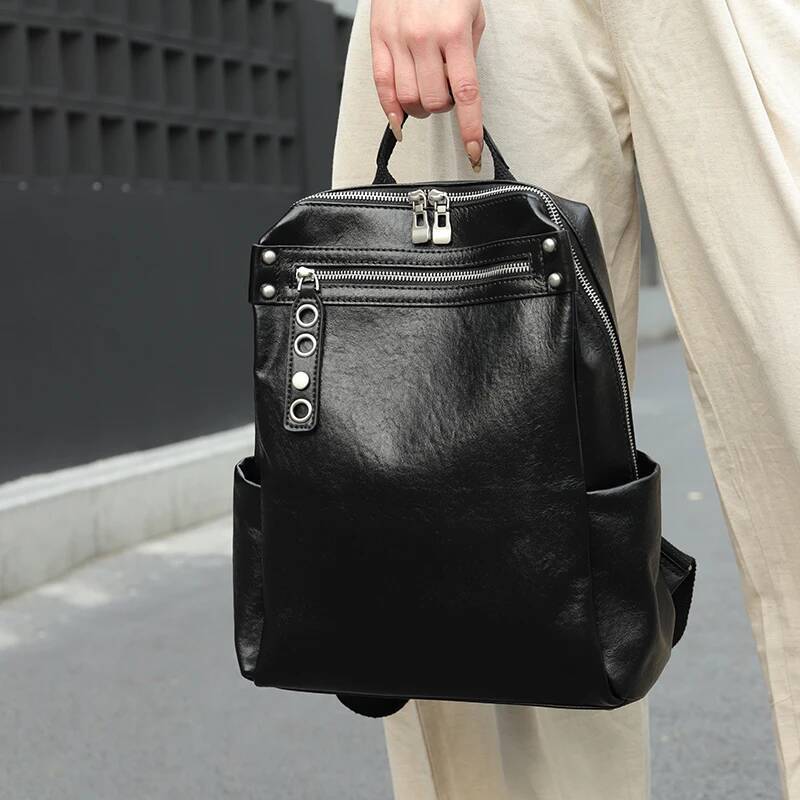 Desig Top grain Genuine Cowhide Leather Women Daily Travel School Backpack Retro Double Shoulder Strap Bag high-quality