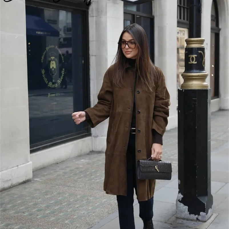 Solid suede long jacket womens city collar full sleeve single chest pocket womens windproof jacket autumn winter womens jacket 241025