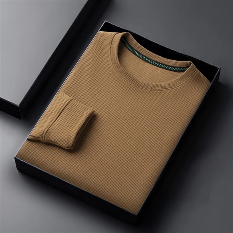2024 Mens Casual Fashion Long Sleeved Round Neck T-shirt Waffle Comfortable Top 241210