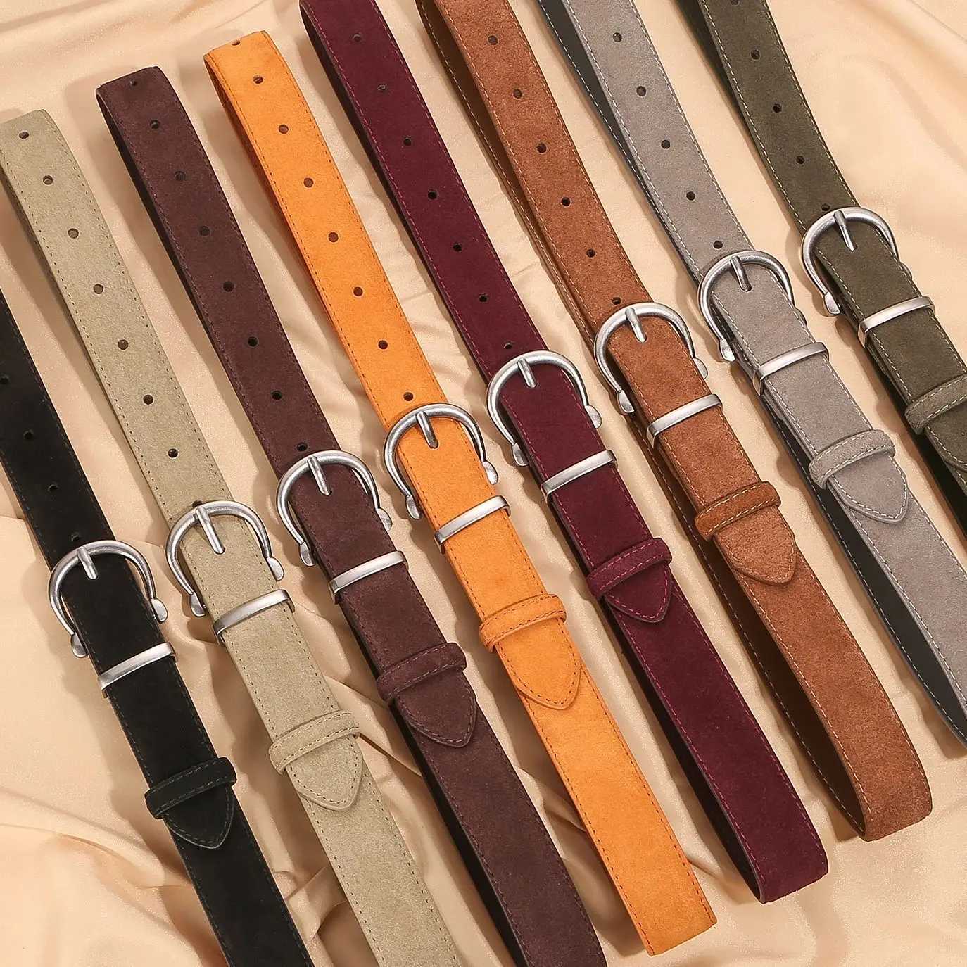 Vintage Womens Suede Belt Casual Leather Jeans Belts Sliver Alloy Buckle Elegant La Waist Belts for Dr Coats W250923