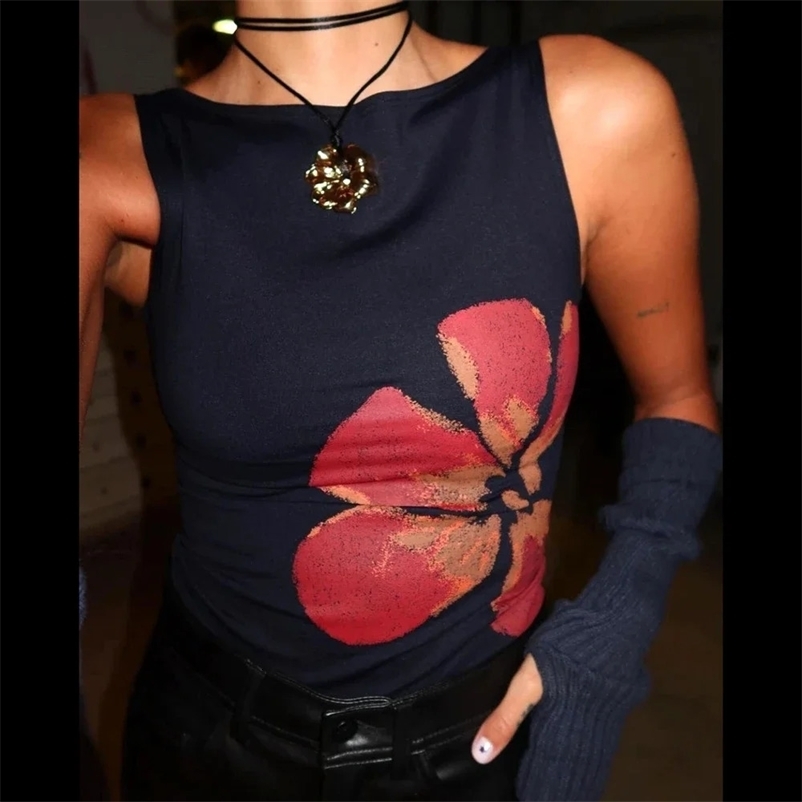 Combhasaki Womens Y2K Vintage Crop Tank Tops Slim Fitted Aesthetic Flower Print Boat Neck Sleeveless Party Club Summer Camis250411bj