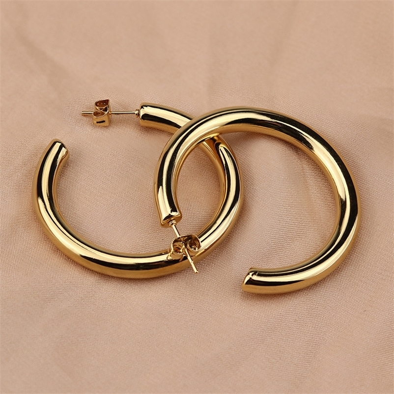 Stud Oversize Gold Plated Hoop Earring Simple Thick Round Circle Stainless Steel Earrings for Women Punk Hiphop Jewelry Brincos 230822bj