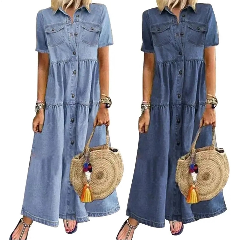 Retro Women Dresses Short Sleeve Turn Down Collar Pockets Button Long Loose Denim Dress Summer Long Dress 240828