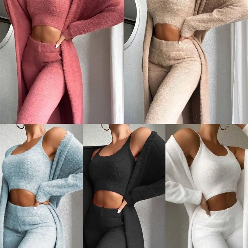Women Knitted Plush Comfy Outfit Set Lounge Wear Plush Crop Top And Cardigan And Long Trousers Pants Pajamas 3 Piece Set 240920