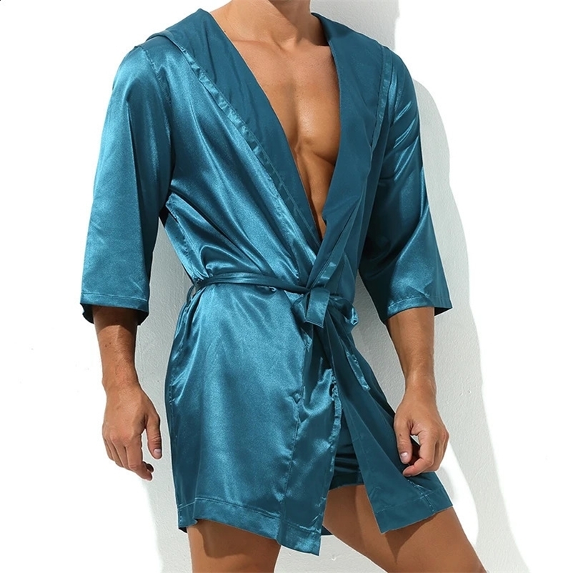 Selling Men Summer Bathrobe Male Silk Short Sleeve Bath Robe Sexy Mens Dressing Gown BathrobesNo shorts250403bj
