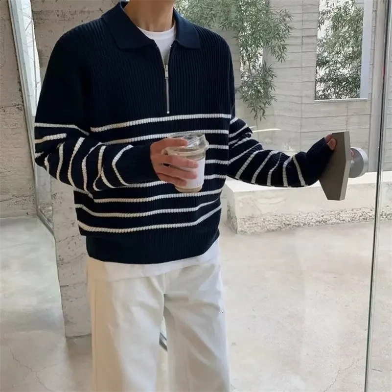 Black White Stripe Sweater Mens Korean Style Lapel Knitted Top High-end Feel Couple Sweatshirt Casual Polo Shirt Jacket 240820