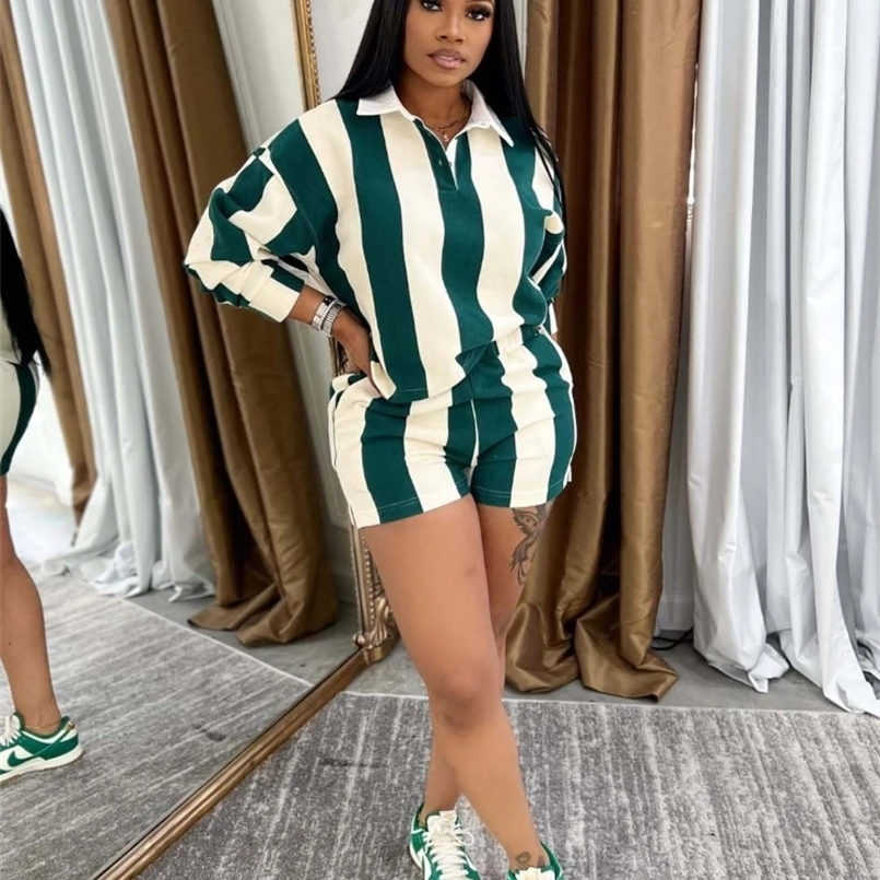 CM.YAYA Striped Womens Set Pleated full Sleeve Turn-down Collar Polo-t-shirt and Shorts Two 2 Piece Sets Outfit Tracksuits 250407