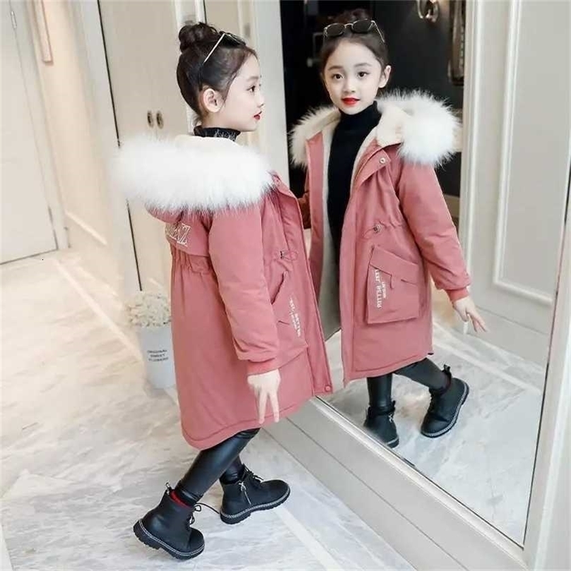 Children Winter Jacket Fashion Girl Clothing Kids Clothes Parka Faux Fur Coat Hooded Snowsuit Teen Thick Velvet Outerwear 211027